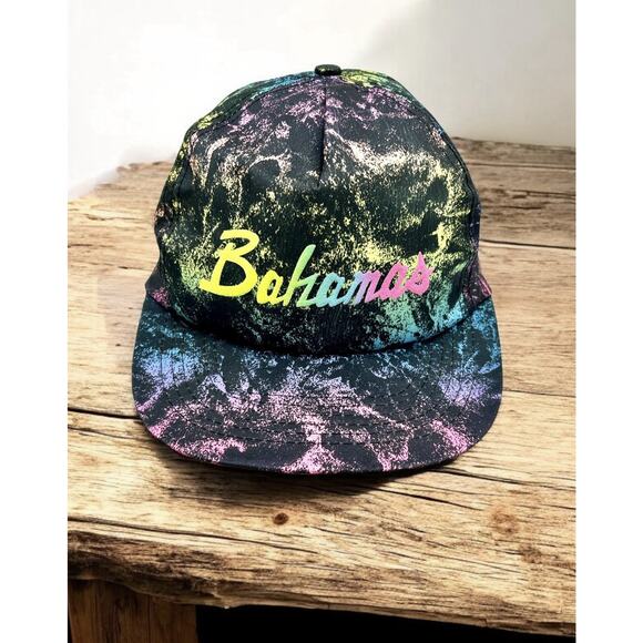 Vintage 80s 90s Bahamas Caribbean Island Nylon Hat Cap Snapback Paint Splatter - Picture 1 of 11